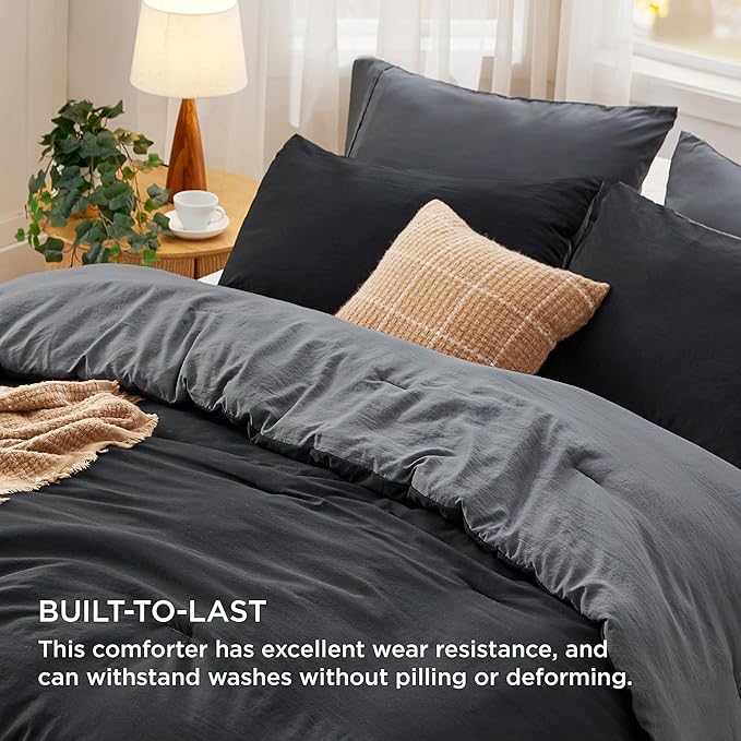 Bedsure Queen Comforter Set, Black Grey Soft Prewashed Bedding for All Seasons, 3 Pieces GentleSoft™ Bed Set, 1 Lightweight Comforter (90"x90") and 2 Pillowcases (20"x26")