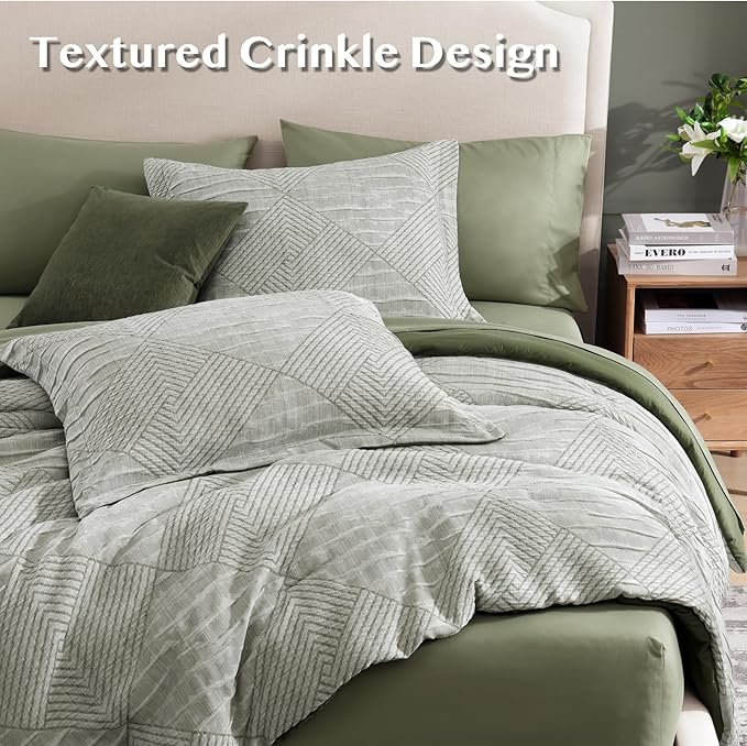 MaiRêve King Comforter Set Crinkle Textured, Light Olive Green Diamond Boho Bedding Set 7 Pieces Bed in A Bag, All Season Geometric Comforter Set with Sheets, Pillowcases & Shams