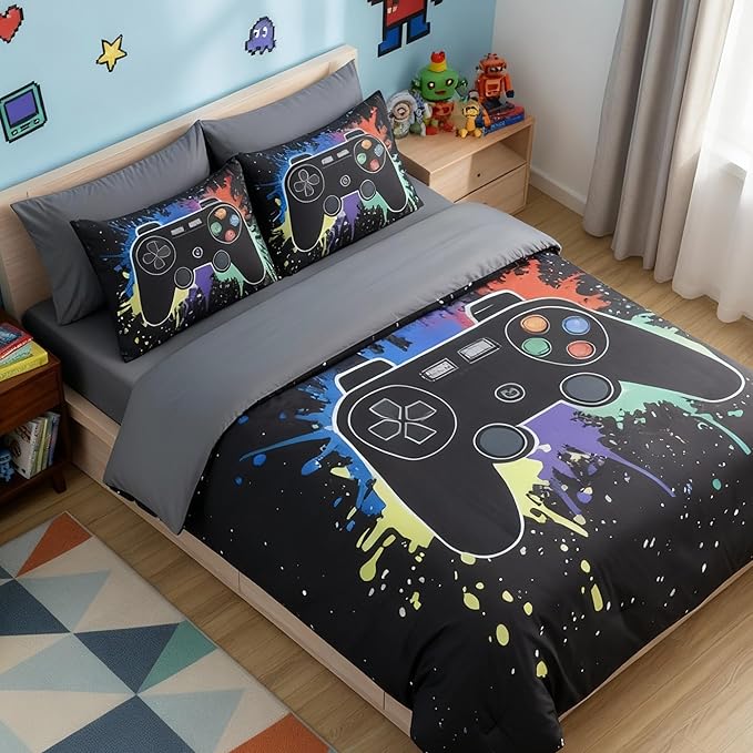 Twin Comforter Set for Boys, Kids - 5 Pieces Black Gamer Patterns Twin Bedding Sets for Boys Teen, Soft Cozy Bed in A Bag with Sheets