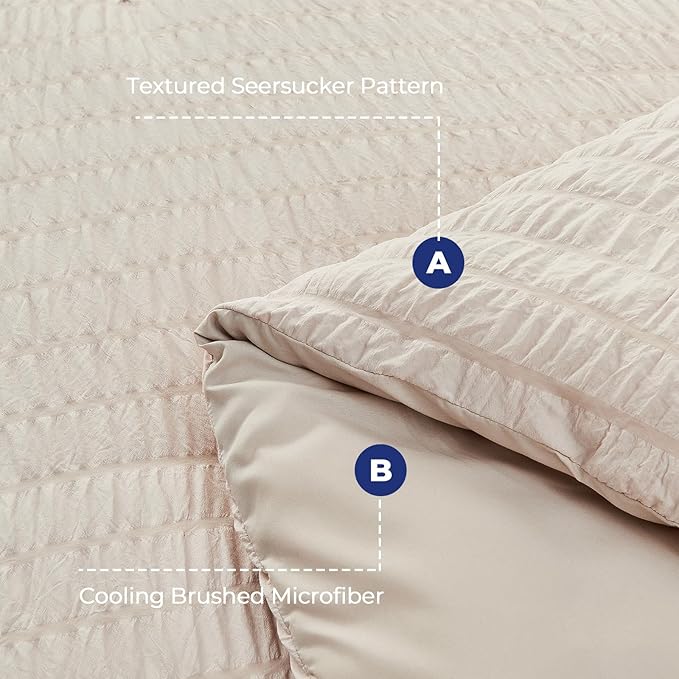 HYMOKEGE Beige King Size Comforter Set Seersucker 7 Pieces, All Season Luxury Bed in a Bag for Bedroom, Bedding Set with Comforters, Sheets, Pillowcases & Shams