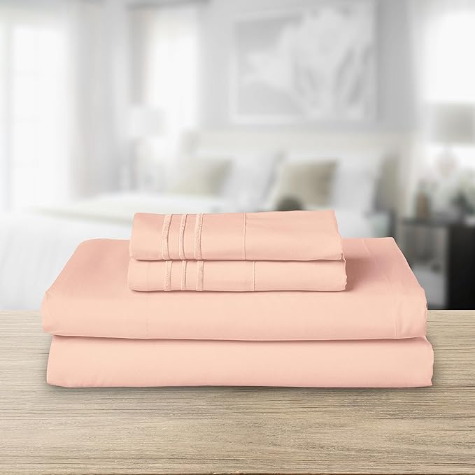 Elegant Comfort Luxurious 1500 Premium Hotel Quality Microfiber Three Line Embroidered Softest 4-Piece Bed Sheet Set, Wrinkle and Fade Resistant, Queen, Blush Pink