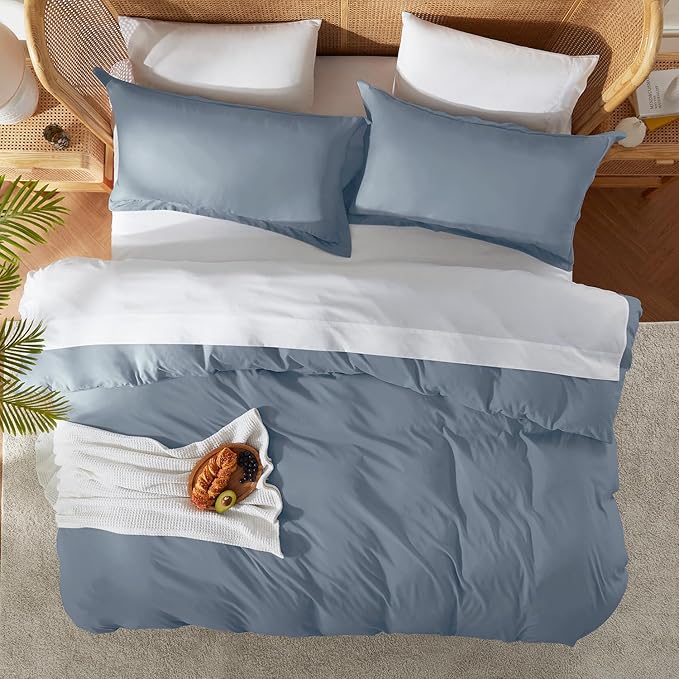 Nestl Stone Blue Duvet Cover Queen Size - Soft Double Brushed Queen Duvet Cover Set, 3 Piece, with Button Closure, 1 Duvet Cover 90x90 inches and 2 Pillow Shams