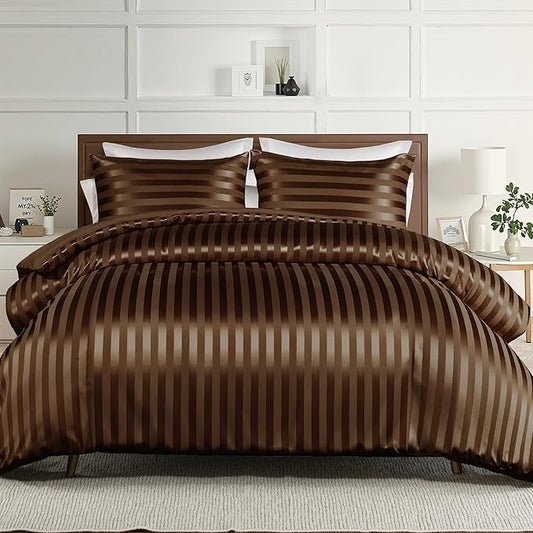 Whale Flotilla 2-Piece Reversible Silky Soft Twin Size Comforter Set, Luxury Stripe Satin Comforter Bedding Set with Satin Pillowcase, Lightweight Duvet Set for All Seasons, Brown