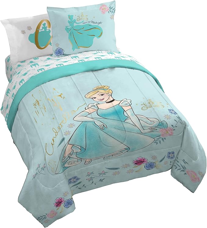 Jay Franco Kids Comforter Set Includes Sheets and Pillow Covers - Soft and Cozy Bed Set for Stylish Room Decor, Official Licensed Bedding, Blue - Cinderella, 7 Piece Queen