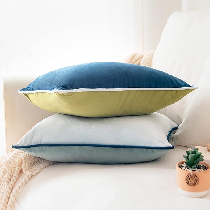MONDAY MOOSE Decorative Throw Pillow Covers Cushion Cases, Set of 2 Soft Velvet Modern Double-Sided Designs, Mix and Match for Home Decor, Pillow Inserts Not Included (16x16 inch, Green/Blue)