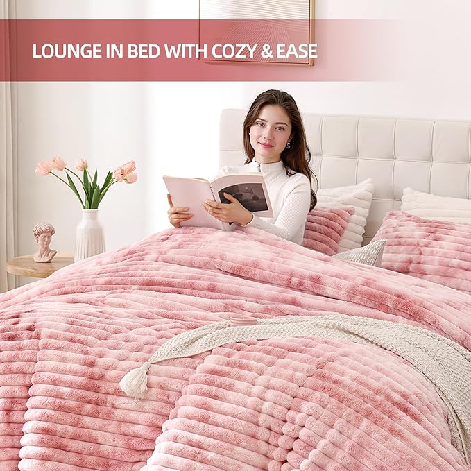 Smoofy Fluffy Full Size Comforter Sets 3 Pieces - Tie-dye Pink Fleece Fluffy Comforter Set, Luxury Fuzzy Full Bed Set, Soft Comforter Full Size All Season, Heavy Faux Fur Comforter with 2 Pillow Case