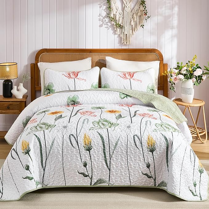 WONGS BEDDING 3 Pieces Quilt Set Queen,Sage Green Floral Printed Quilted Bedspread Set,Soft Lightweight Bedding Coverlet Set for All Seasons(96"x90")