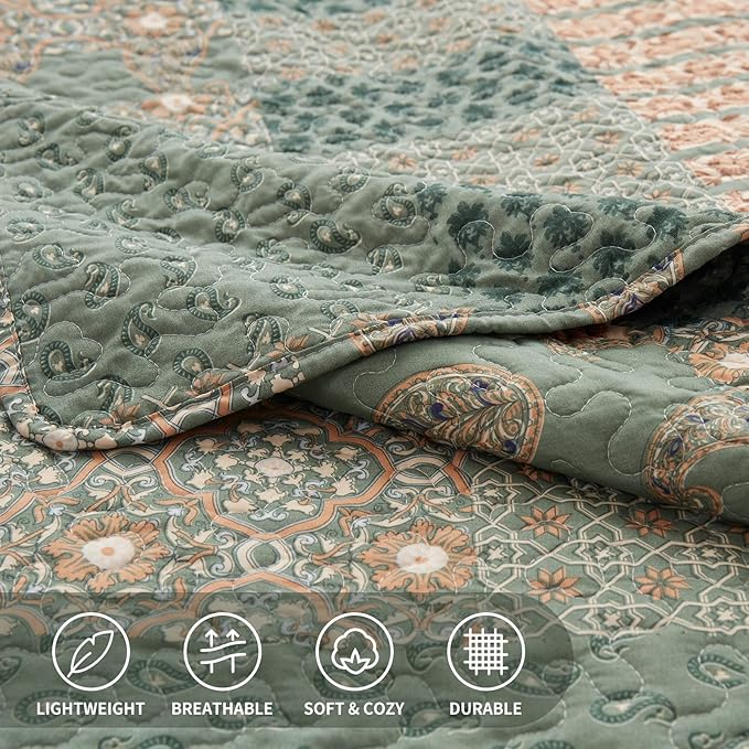 LEAONME Quilt Set King Size 3 Piece Bedspread Lightweight Microfiber Floral Paisley Olive Green, 98x106 Inch