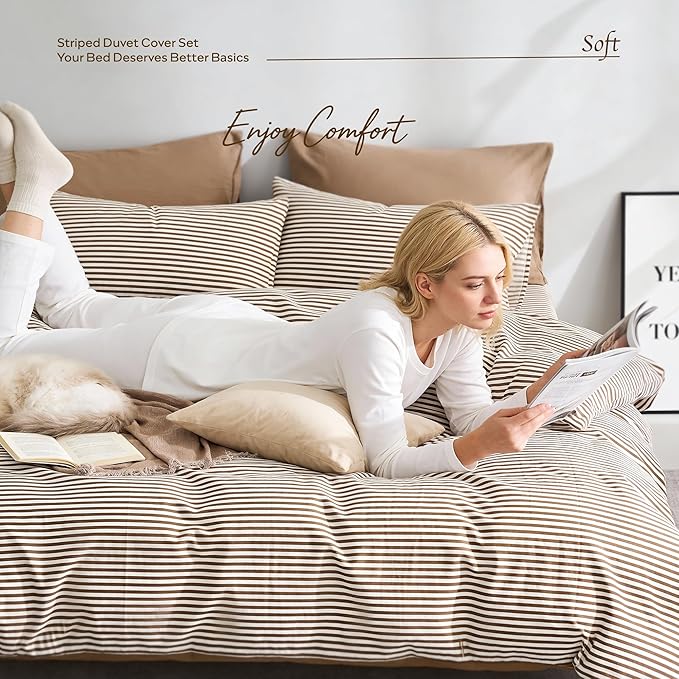 JELLYMONI 100% Natural Cotton 3pcs Striped Duvet Cover Sets,White Duvet Cover with Khaki Stripes Pattern Printed Comforter Cover,with Zipper Closure & Corner Ties(Queen Size)