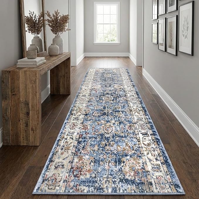 Well Woven Custom Size Runner - Elysium Midnight Blue Vintage Panel Rug 27 Inch Wide x 35 Feet Long (27"x 35' Runner) | heritage-inspired, soft & durable, easy to clean rug for hallway, stairs, entry