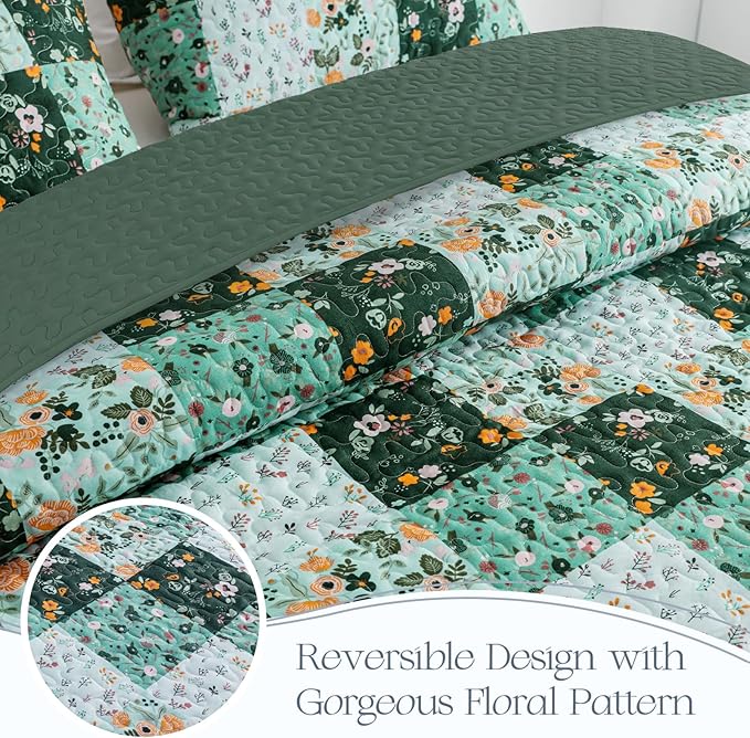 Exclusivo Mezcla Reversible Boho Quilts Queen Size, Green Bedspreads Lightweight Coverlet All Season Patchwork Quilt Bedding Set with Printed Floral Pattern (1 Quilt, 2 Pillow Shams)