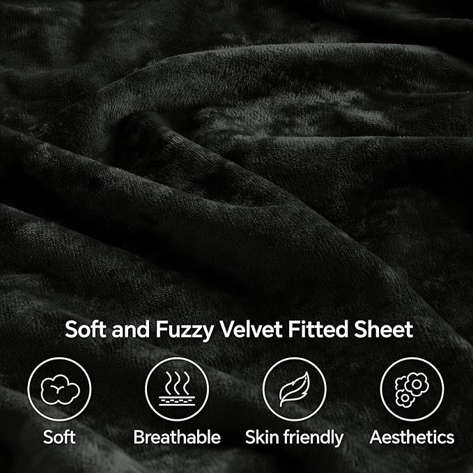 BEDELITE Velvet Fitted Sheet and Pillowcases Set, Luxury Soft Fuzzy Bottom Sheet with Reinforced Elastic Corner Straps, Deep Pocket up to 15 Inch, 1 Fitted Sheet and 2 Pillowcases (Cal King, Black)