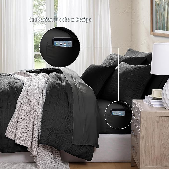 MaiRêve Full Size Comforter Sets Black, Textured Design Crinkle Bedding Sets 7 Pieces, All Season Bed in A Bag with Comforter, Sheets, Pillowcases & Shams