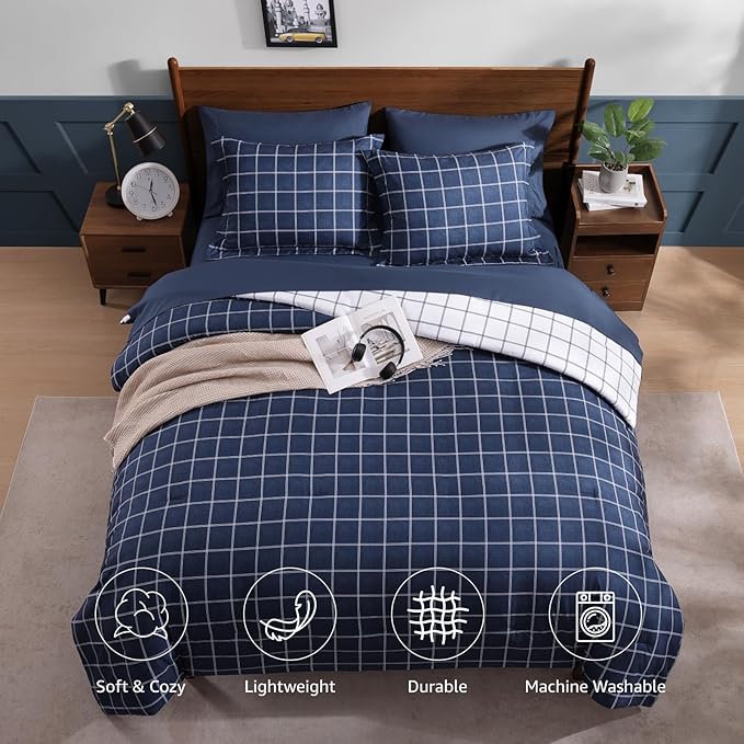 Plaid Full Size Comforter Set Dark Blue, Reversible Checkered Bedding Set 7 Pieces for Boys Girls Teen, Lightweight Bed in a Bag for Dorm with Sheets, Pillowcases & Shams