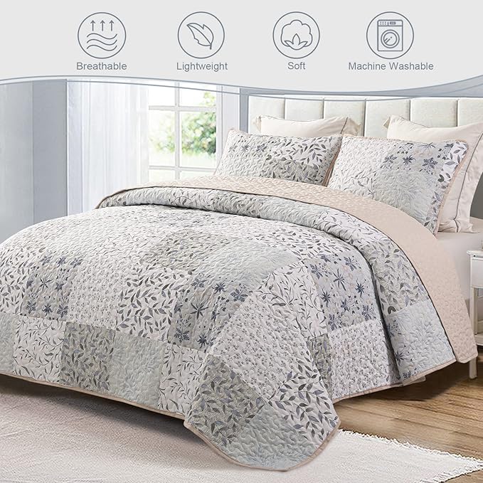 Exclusivo Mezcla Reversible Boho Quilts Queen Size, Gray Bedspreads Lightweight Coverlet All Season Patchwork Quilt Bedding Set with Printed Floral Pattern (1 Quilt, 2 Pillow Shams)