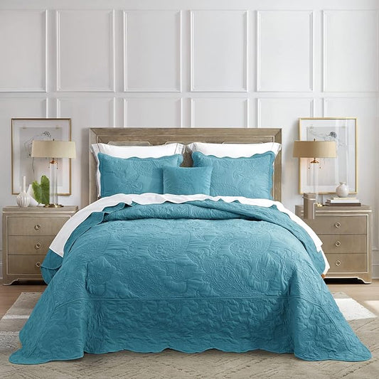 HZ & HY Oversized King Bedspread 138x122 Extra Wide, Quilted Coverlet Bedding Set, Lightweight Thin Comforter, Reversible, Luxurious, 5 Piece, 100% Microfiber, California/Alaskan King, Blue