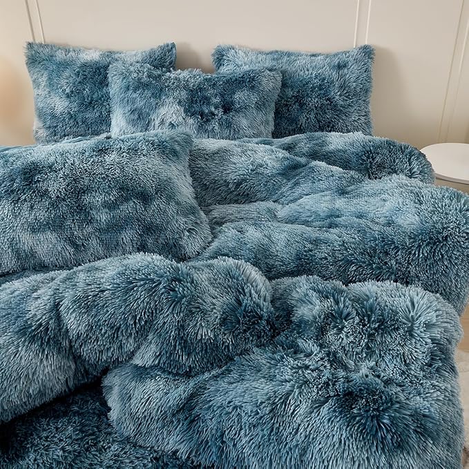 PERFEMET 3 Pcs Faux Fur Tie Dye Comforter Set Full Size Turquoise Plush Shaggy Bedding Sets for Kids Teens Super Soft Cozy Fluffy Fuzzy Velvet Quilt Set(Turquoise, Full)