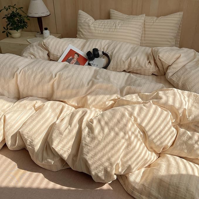 mixinni Retro Striped Duvet Cover Set Queen Size - 100% Washed Cotton Beige Duvet Cover with Black White Stripes, Soft Breathable 3 Piece Comforter Cover with Zipper Closure & Corner Ties