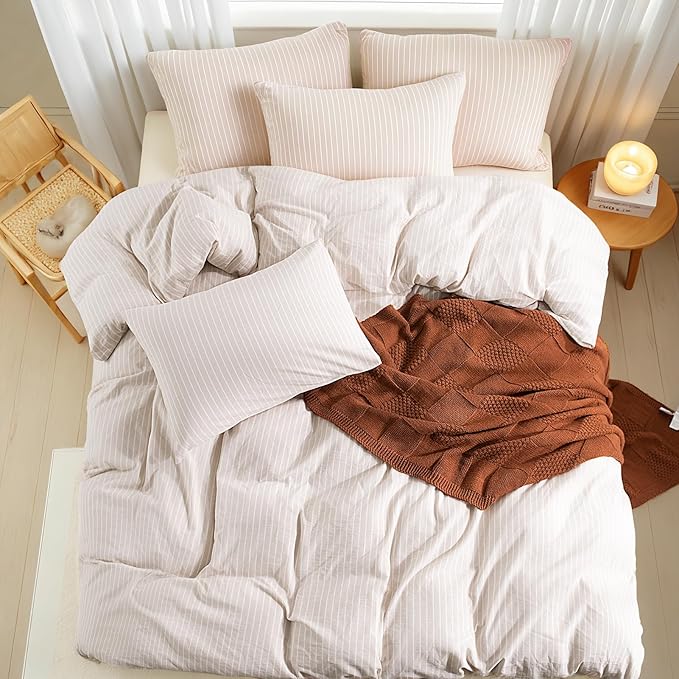 NEXHOME PRO Striped Duvet Cover Queen Size,100% Washed Cotton Bedding Set,Textured Linen Feel,Breathable,Organic,3 Piece(White Stripes 90x90)