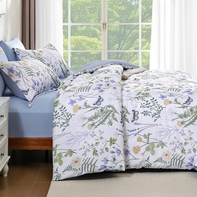 Yiran Queen Comforter Set, 7 Pieces Blue White Floral Soft Bedding Sets, Queen Bed in a Bag with Botanical Flowers All Season Comforter, Sheets, Pillowcases & Shams