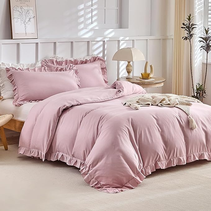 Lekesky Girls Ruffle Duvet Cover Twin Size, 2 Pieces Washed Microfiber Kids' Bedding Set, Aesthetic Shabby Chic Pink Comforter Cover with Ruffled Edges, Zipper Closure & Corner Ties