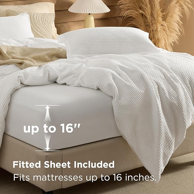 Bedsure 100% Cotton Duvet Cover Queen Size with Fitted Sheet - 4 Pieces Coconut White Waffle Weave Bedding Set, GentleSoft™ and Breathable, Includes 1 Duvet Cover 90x90, 1 Fitted Sheet, 2 Pillow Shams