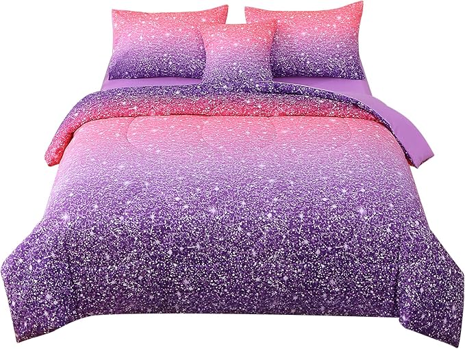 JQinHome Pink Purple Comforter Set Full/Queen Size, 6 Piece Bed in A Bag 3D Colorful Bedding Set for Girls Women (1 Comforter,2 Pillowcases,1 Flat Sheet,1 Fitted Sheet,1 Cushion Cover)