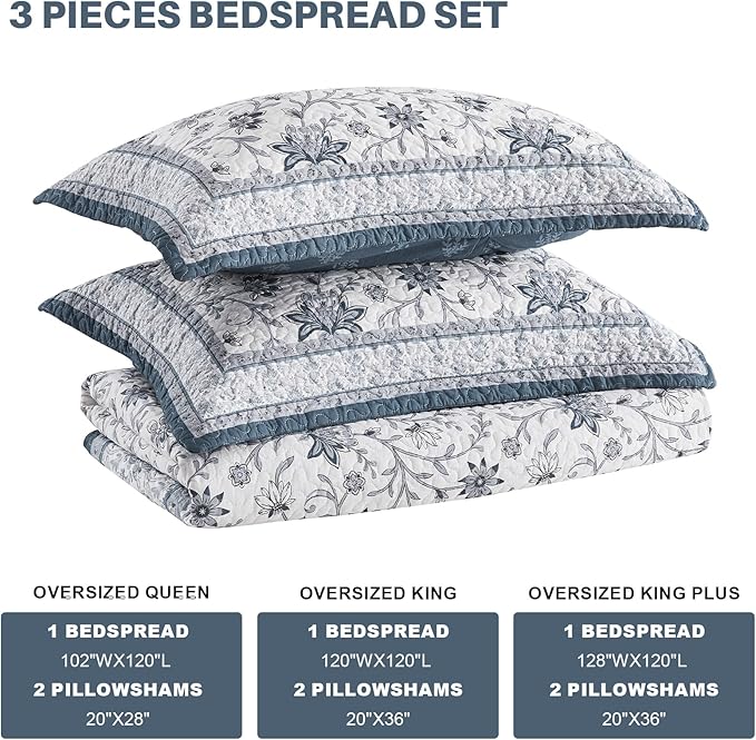 Oversized King Bedspreads 120"x120" - 100% Cotton California King Quilt, Farmhouse Blue Floral Pattern, Extra Large Quilted Coverlet, Lightweight Reversible XL Bedding Set, 3 Pcs