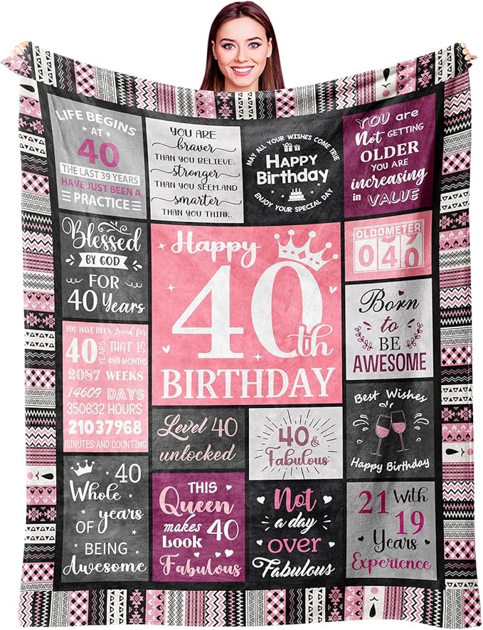 40th Birthday Gifts Women Blanket 60”X50”, 40th Birthday Decorations for Women, Happy Forty Birthdays Gift Ideas for Woman, 1986 Birthdays Gifts for 40 Year Old Woman Throws