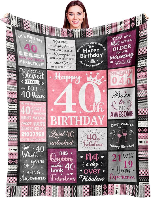40th Birthday Gifts Women Blanket 60”X50”, 40th Birthday Decorations for Women, Happy Forty Birthdays Gift Ideas for Woman, 1986 Birthdays Gifts for 40 Year Old Woman Throws