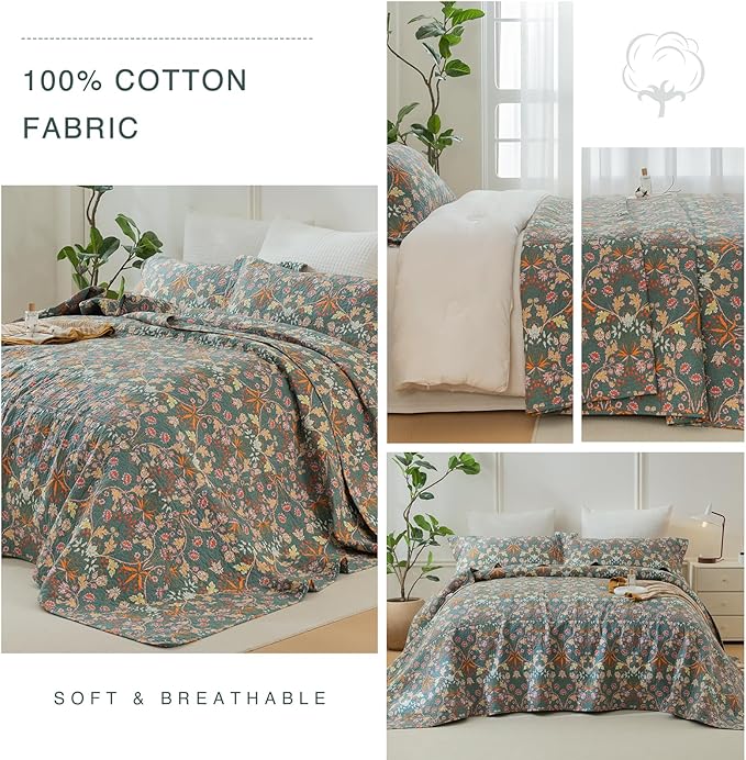QSH 3Pcs Oversized King Quilt Bedspread Set(120"x120")-100% Cotton Floral Quilt California King Size Luxury Paisley Flower Botanical Printed Bedspread Coverlet Set Lightweight Soft for All Season