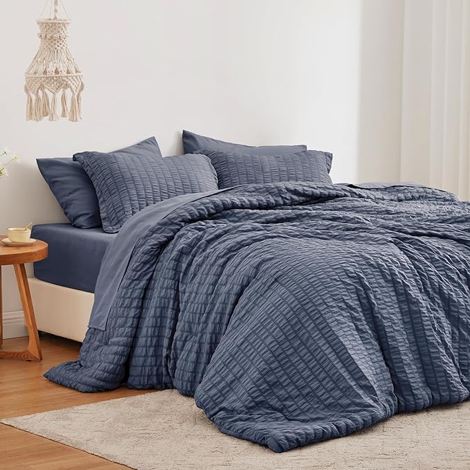 Love's cabin Seersucker Navy Blue California King Comforter Set, 7-Piece All Season Lightweight Bed in a Bag Bedding Set with Comforter, Flat Sheet, Fitted Sheet, Pillowcases and Shams | Soft, Breathable, Lightweight
