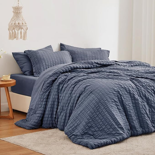 Love's cabin Seersucker Navy Blue Twin XL Comforter Set, 5-Piece All Season Lightweight Bed in a Bag Bedding Set with Comforter, Flat Sheet, Fitted Sheet, Pillowcase and Sham | Soft, Breathable, Lightweight