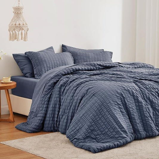 Love's cabin Seersucker Navy Blue King Size Comforter Set, 7-Piece All Season Lightweight Bed in a Bag Bedding Set with Comforter, Flat Sheet, Fitted Sheet, Pillowcases and Shams | Soft, Breathable, Lightweight