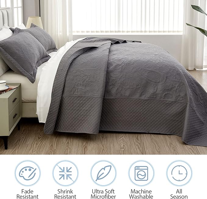 Qucover Alaska King Bedspread 132x 120, Oversized King Bedspread Extra Wide, 3 Piece Soft Microfiber Lightweight Oversized King Quilts Bedding Set, Quilting Paisley Pattern, with Pillow Shams, Grey