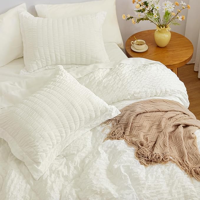 Love's cabin Seersucker Ivory Twin Comforter Set, 5-Piece All Season Lightweight Bed in a Bag Bedding Set with Comforter, Flat Sheet, Fitted Sheet, Pillowcase and Sham | Soft, Breathable, Lightweight