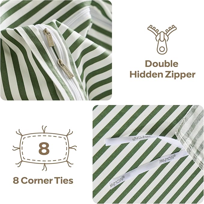 JELLYMONI 100% Natural Cotton 3pcs Striped Duvet Cover Sets,White Duvet Cover with Green Stripes Pattern Printed Comforter Cover,with Zipper Closure & Corner Ties(King Size)