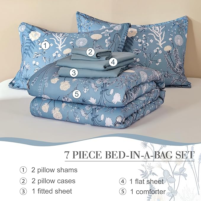 Yiran Blue Comforter Set Queen Size, 7 Piece Floral Comforter Bedding Set, Botanical Farmhouse Bed in a Bag, Soft Microfiber Complete Bedding Set with Sheets for All Season