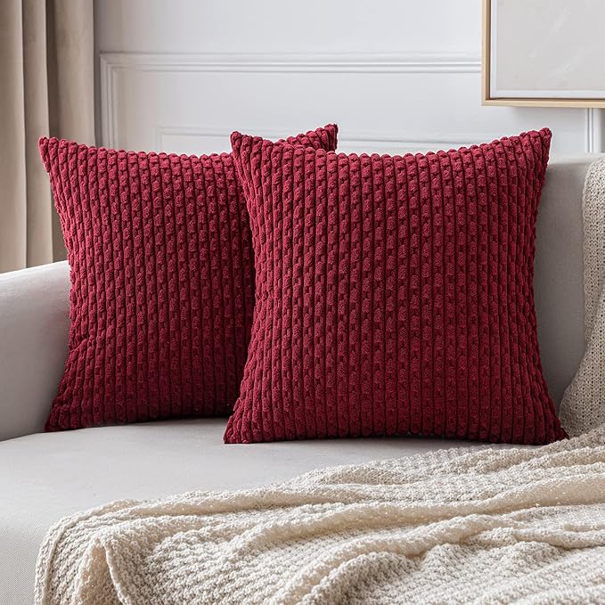 MIULEE Wine Red Throw Pillow Covers Soft Corduroy Decorative Set of 2 Boho Striped Pillow Covers Pillowcases Farmhouse Home Decor for Couch Bed Sofa Living Room 20x20 Inch