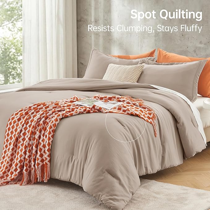 MUXHOMO Queen Comforter Set, All Season Ultra Soft Down Alternative Bedding - 3 Piece Lightweight Bed Set Includes 1 Comforter (90"x90") and 2 Pillow Shams (20"x26"), Dark Linen