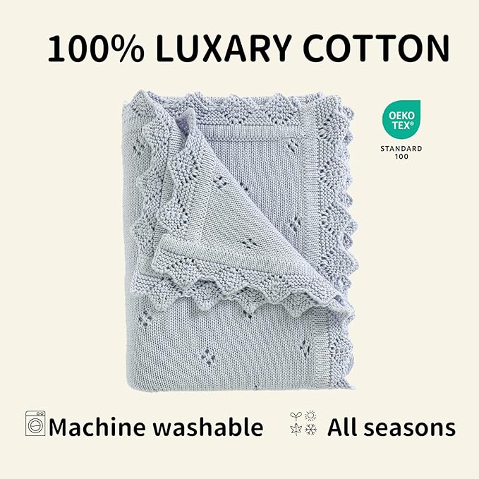 mimixiong Cotton Baby Blanket Knitted Crochet Receiving Crib Nursery Swaddling Blankets for Newborn Baby Boy Girl 30x40 Inch (LightBlue)