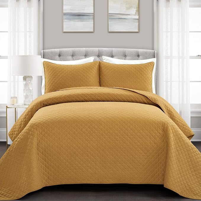Lush Decor Ava Diamond Cotton Quilt California King Size 3 Piece Set King/California King Mustard - Yellow Bedding Set California King Quilt - Fall Quilts