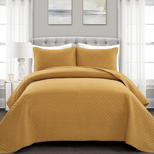 Lush Decor Ava Diamond Cotton Quilt California King Size 3 Piece Set King/California King Mustard - Yellow Bedding Set California King Quilt - Fall Quilts