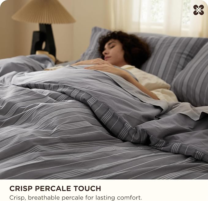 Bedsure Striped Duvet Cover Queen Size,100% Washed Cotton Duvet Cover Linen Like Textured, Classic Striped Pattern Enhances Bedroom Comfort and Style, Stripes Grey, 90"x90"