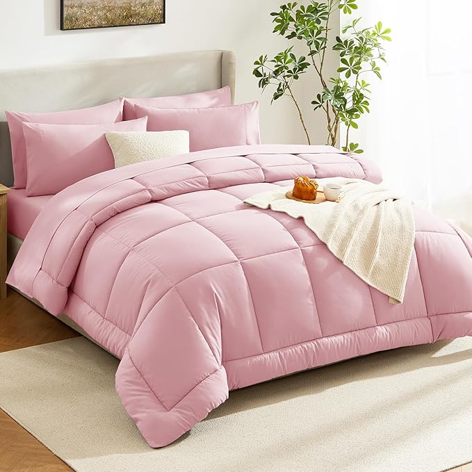 CozyLux Queen Size Comforter Sets Pink, 7 Pieces Bed in a Bag, Pink Comforter Queen Size, All Season Bedding Sets with Stitch Quilted Comforter, Flat Sheet, Fitted Sheet, Pillowcases