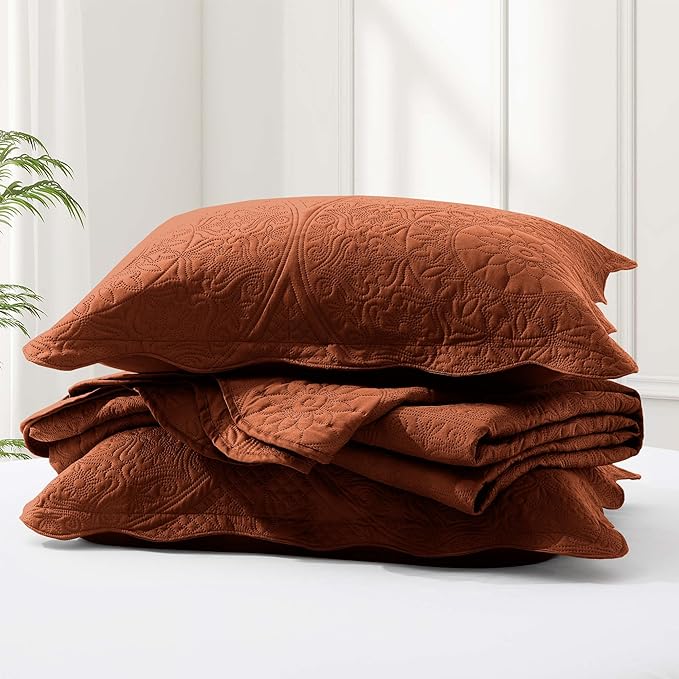 IR Imperial Rooms Twin Quilt Bedding Set Size (68” x 86”) + 1 Pillow Shams (20” x 26” + 2”) - 2 Pcs All Season Lightweight Reversible Microfiber Coverlet Floral Embossed Quilt Bedspread (Rust)