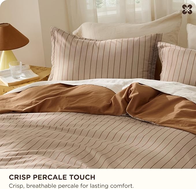 Bedsure Striped Duvet Cover King Size,100% Washed Cotton Duvet Cover Linen Like Textured, Classic Striped Pattern Enhances Bedroom Comfort and Style, Stripes Camel/Brown, 104"x90"