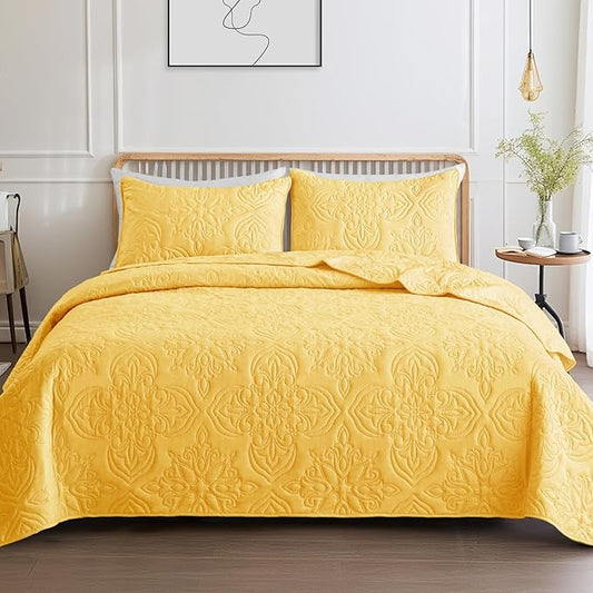 Whale Flotilla Soft Queen Quilt Bedding Set for All Seasons, Vintage Damask Ultrasonic Full Size Quilts Set, Lightweight Reversible Bedspread, Coverlet, Bed Cover with 2 Pillow Shams, Yellow