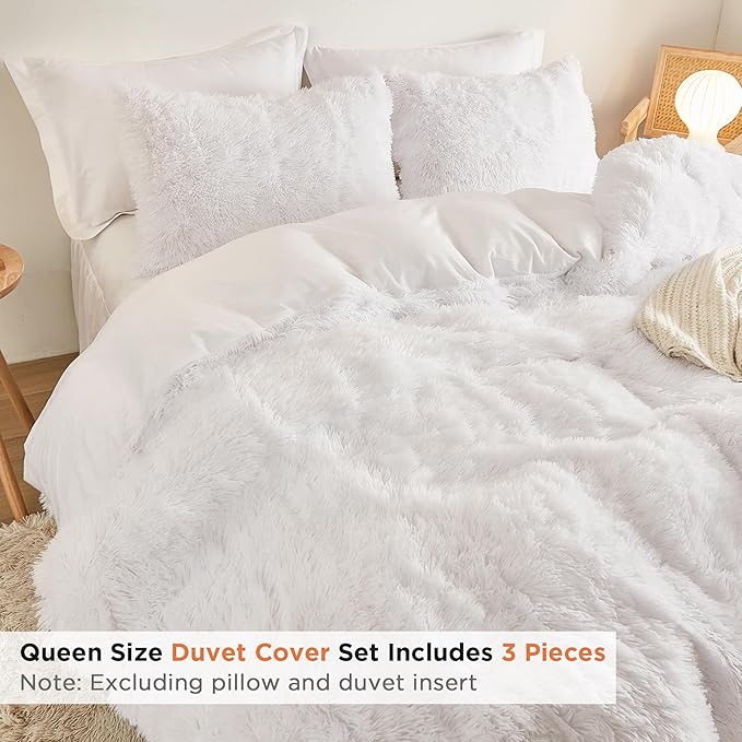 annadaif Plush White Queen Duvet Cover, Fluffy Soft Faux Fur Velvet Comforter Cover, Luxury Fuzzy Shaggy Bedding Sets 3 Pieces(1 Duvet Cover,2 Pillowcases), Zipper Closure