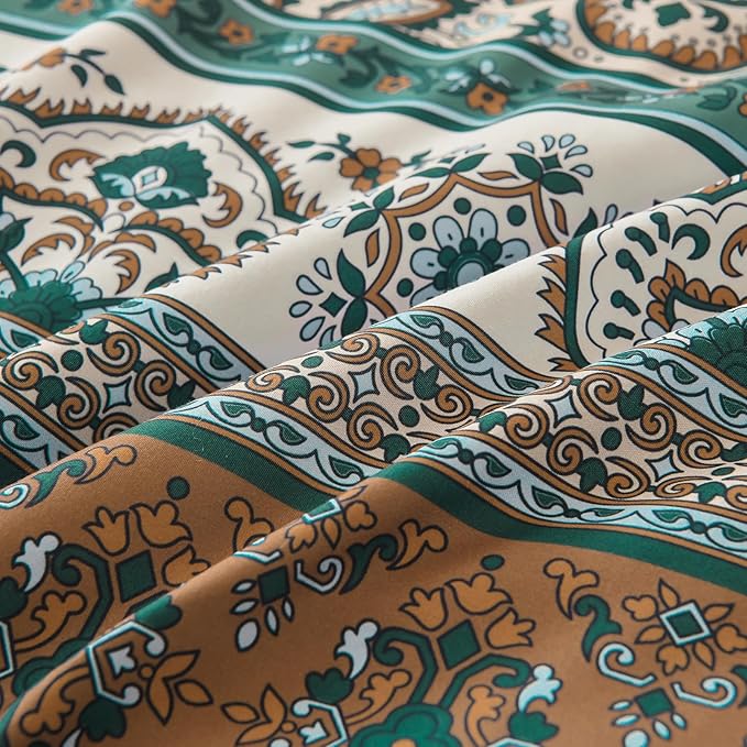 Cottolester Boho Comforter Set Full Size,8 Pieces Brown and Green Bohemian Striped Bed in a Bag,Paisley Soft Microfiber Bedding Comforter Set